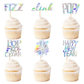 Keaziu 24 Pcs Happy New Year Cupcake Toppers Welcome 2024 Picks Fireworks FIZZ POP Clink Cupcake Toppers for Congratulations 2024 Happy New Year Eve Holiday Theme Holiday Party Decoration POP Silver