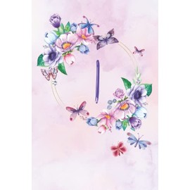 Dot Grid Notebook - Letter Initial I - Pink, Purple & Blue Butterfly Floral Watercolor Wreath Design: Softcover Gift for Women, Teens, Girls 6”x9”
