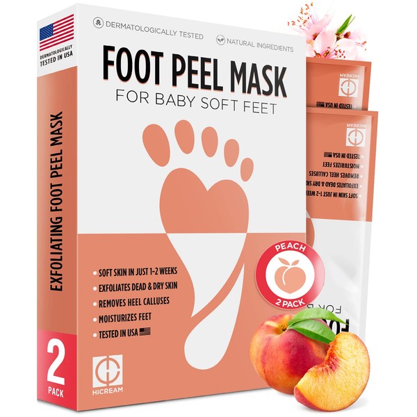 Hicream Foot Peel Mask- 2 Pairs of Regular Skin Exfoliating Foot mask For Cracked Heels, Dead Skin & Calluses , Removes & Repairs Rough Heels, Dry Toe Skin , Peach Scent