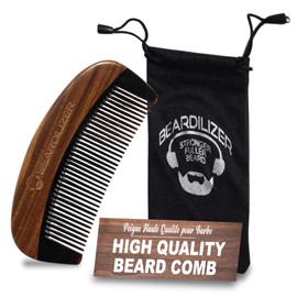 Beardilizer Premium Beard Comb for Men - 100% Natural Black Ox Buffalo Horn & Sandalwood Handle with Carrying Pouch, Professional Anti-Static Fine and Coarse Teeth