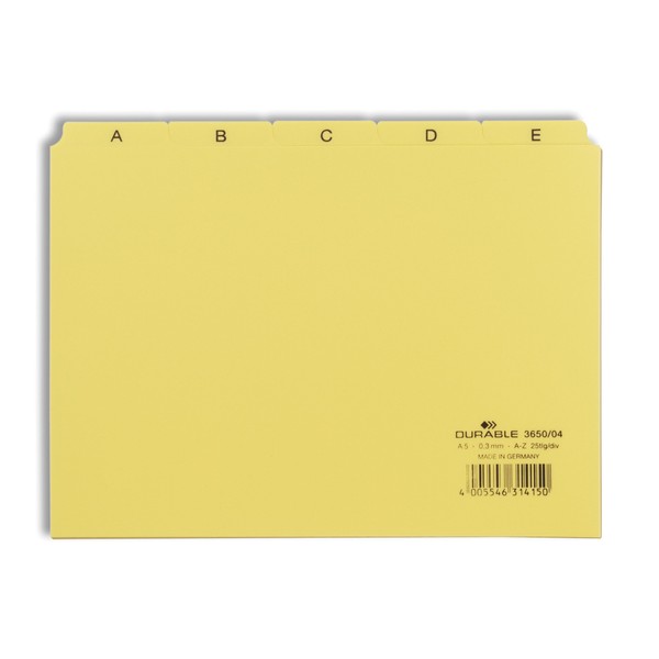 Durable 365004 25 Piece A5 Index Card Set with Printed A-Z Tab - Yellow