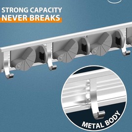 Mop Broom Holder Wall Mount Metal Pantry Organization and Storage Garden Kitchen Tool Organizer Wall Hanger for Home Goods (4 Positions with 4 Hooks - Color: Silver