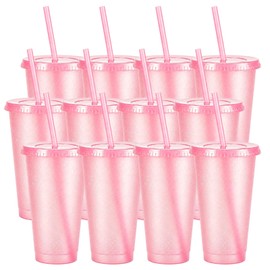 12 Pcs Pink Tumblers with Straw & Lid - 24oz Coffee Cups