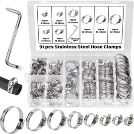 BEAUGIREW 91 Pieces 304 Stainless Steel Hose Clamps Assorted Kit 8 Sizes 8mm-44mm Adjustable Worm Gear Hose Clamps for Water Pipe Plumbing Automotive and Mechanical Application