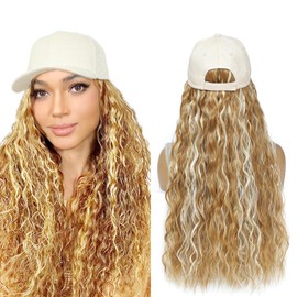 Yunkang Baseball Cap Wig Natural Wavy Hair Extensions With Hat attached Heat Resistant Synthetic Adjustable Hat Wig for Women Girls (M mix blonde, 22inch)