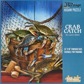 Heritage Puzzle Crab Catch - 550 Pieces Jigsaw Puzzles for Adults by Larry Jones- Size 18"x24" – Crabbing Adventure Seaside Nostalgia – Seaside Theme Jigsaw - Made in U.S.A