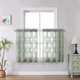 Aiyufeng Suri Sage Green Sheer Curtains 36 Inch Length, Light Filtering Soft Airy 3D Floral Clip Jacquard Textured Short Sheer Curtains for Bedroom Bathroom Small Windows, 42Wx36L Inches, 2 Panels
