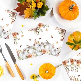 Grencian 100Pcs Fall Napkins Thanksgiving Guest Napkins White Pumpkin Cocktail Napkin Disposable Hand Towels for Bathroom Kitchen Dinner Towels Napkin for Fall Wedding Baby Shower Birthday Party