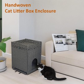 Handwoven Rattan Cat Litter Box Enclosure with Door, Hidden Kitten Washroom with Soft Cat Litter Mat, Indoor Pet House Storage for Living Room, Balcony, Bedroom（Gray）