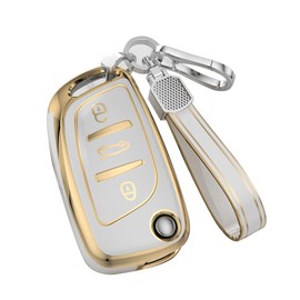 KUNIO Car Key Fob Cover Case fit for Peugeot 107 207 307 308 fit for Citroen C2 C3 C4 C5 C4L DS3 DS4 DS5 DS6 Key Cover TPU Flip Key Bag Key Case Protector Keychain 3 Buttons White