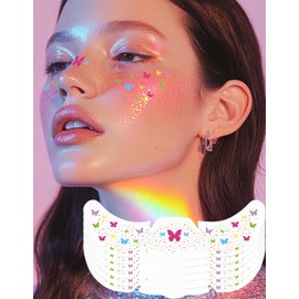Wugbc 6 Pcs Rainbow Freckles Face Tattoo, Rainbow Butterfly Glitter Freckle Face Temporary Tattoos Long Lasting, Multichrome Iridescent Sparkle Freckles Colorful Festival Accessories for Women, Set D