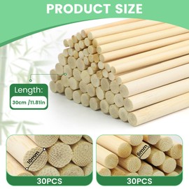 60Pcs Round Natural Dowel Rods, 2 Sizes Unfinished Wood Dowel Rods, 6mm/10mm x 30cm Dowel Rods Hardwood Sticks, Wood Crafts Sticks Doweling Rods, Birch Hardwood Wooden Wooden Poles for Crafting
