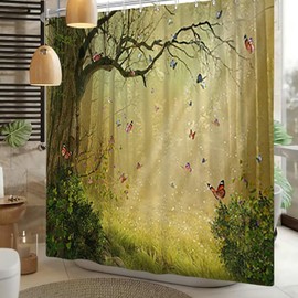 Xiaoterna Fairy Tales Forest Shower Curtain, Fantastic Jungle Bathroom Curtain, Butterfly Shower Curtain, Sunrise Landscapes, Shower Curtain, Machine Washable, Waterproof Fabric, 150 x 200 cm