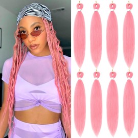 Pink Braiding Hair 24Inch 8 Packs Braiding Hair Pre Stretched Long Braiding Hair For Twist Or Box Braids Pre Stretched Braiding Hair For Crochet Braids Hot Water Setting Soft Yaki Texture(24Inch,Pink)