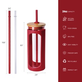 Kodrine Glass Tumbler with Straw and Lid, 20oz Glass Coffee Tumbler with Bamboo Lid, Iced Coffee Cup Silicone Protective Sleeve BPA Free- Barbados Cherry