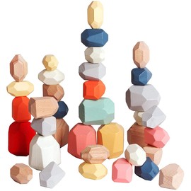36 PCS Stacking Rocks, Wooden Building Blocks Set, Colored Wooden Sorting Stacking Balancing Stone Toy, Large Small Building Blocks Game Stones Lightweight Puzzle Set for Kids 3 Years Old