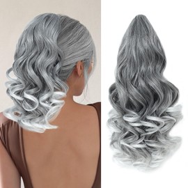 Wirctp Ponytail Extension,16" Claw Clip in Ponytail Extensions Long Curly Ponytail Hairpiece for Women Fluffy Natural Synthetic Pony Tails for Daily Use(Grey with White Ends)