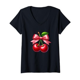 Womens Coquette Bows with Cherries Cute Girl Clothes Kawaii Girl V-Neck T-Shirt
