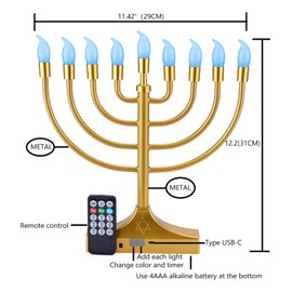 NbHnJs Electric Menorah for Chanukah,RGB Led Hanukkah Candles for Menorah Decorations,Color Changing with Remote Control & Push-Button to Choose The Day and Timer Options Battery/USB Powered (Gold)