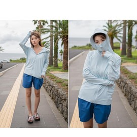 Growncharm SYZ4027 Women's Rash Guard, Cool Material, With Hole Fingers, High Neck, Hat with Tongue, UPF 50+, UV Protection, blue (light)