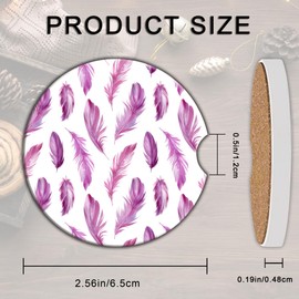 Purple Feathers Car Cup Holder Coasters, Car Coasters for Cup Holder, 2 Pack Universal Anti Slip Insert Absorbent Ceramic Car Coasters with A Finger Notch & Cork Base