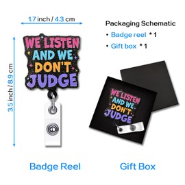 YAZMEEN Inspirational Quote Badge Reel Gifts - We Listen and We Don't Judge - Retractable Badge Holder with Clip - Black Glitter Acrylic ID Card Holder - Gifts for Nurse Therapist Counselor Teacher