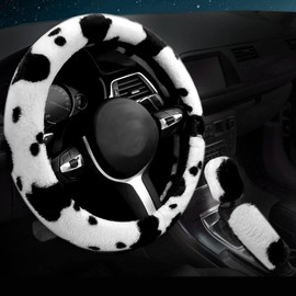 3PCS Set car Interior Aesthetic Accessories, Fluffy Cute Cows Steering Wheel Cover, armrest pad,Gear Shift Cover (Black and White, One Size)