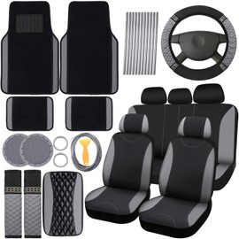 BBTO 43 Pcs Bling Car Accessories Set for Women Front Seats and Rear Bench Polyester Car Seat Protectors Wheel Cover Seat Car Floor Mats Full Crystal Automotive Interior Decor(Gray and Black)