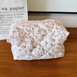 ZUNUONUO Cotton Quilted Makeup Bag Coquette Accessories Make up Bag Organizer Cute Floral Cosmetic Pouch Travel Makeup Bag for Women Rose