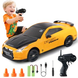 SANCO 1:24 RC Drift Car with LED Lights, 2.4GHz Remote Control Car, Includes 2 Batteries & 2 Sets of Tires for Racing & Drifting, Electric Hobby Racing Toy for Adults, Boys & Kids(Yellow)
