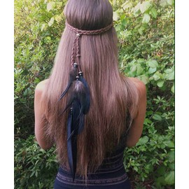 Zoestar Boho Feather Headband Hippie Vintage Headpiece Indian Head Chain Hair Jewelry Tribal Hair Accessories for Women and Girls (Black)
