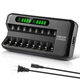 ENEGON Cargador de Pilas Recargables, Cargador Pilas Rápido con Adaptador de CA y Pantalla LCD Inteligente, Cargador de Pilas Independiente de 8 Ranuras para Pilas Recargables AA AAA NI-MH NI-CD