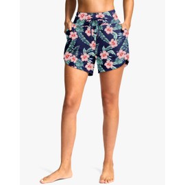 G Gradual - Pantalones cortos de baño para mujer, de talle alto, de 4 pulgadas, de secado rápido, para mujer, con forro de bolsillos, Flor azul marino , Large