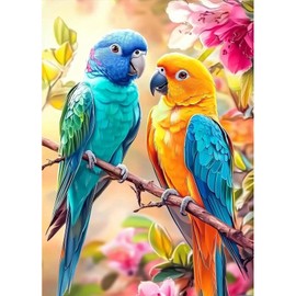 MAXBYE Two Parrots Diamond Painting Kits, Flowers 5D Diamond Art Kits Round Full Drill Crystal Cross Stitch for Adults Beginner, DIY Gem Art Craft Home Wall Decor Gifts 30x40cm
