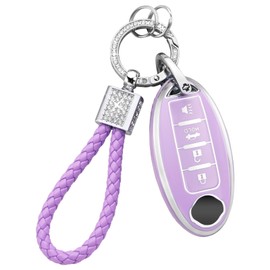 PIFOOG Key Fob Cover for Nissan 4 Button Altima Rogue Sentra Kicks Armada Murano Pathfinder Versa Titan Leaf Accessories Purple Car Keys Case Shell Full Covers Protector Keychain Bling Girly Women TPU