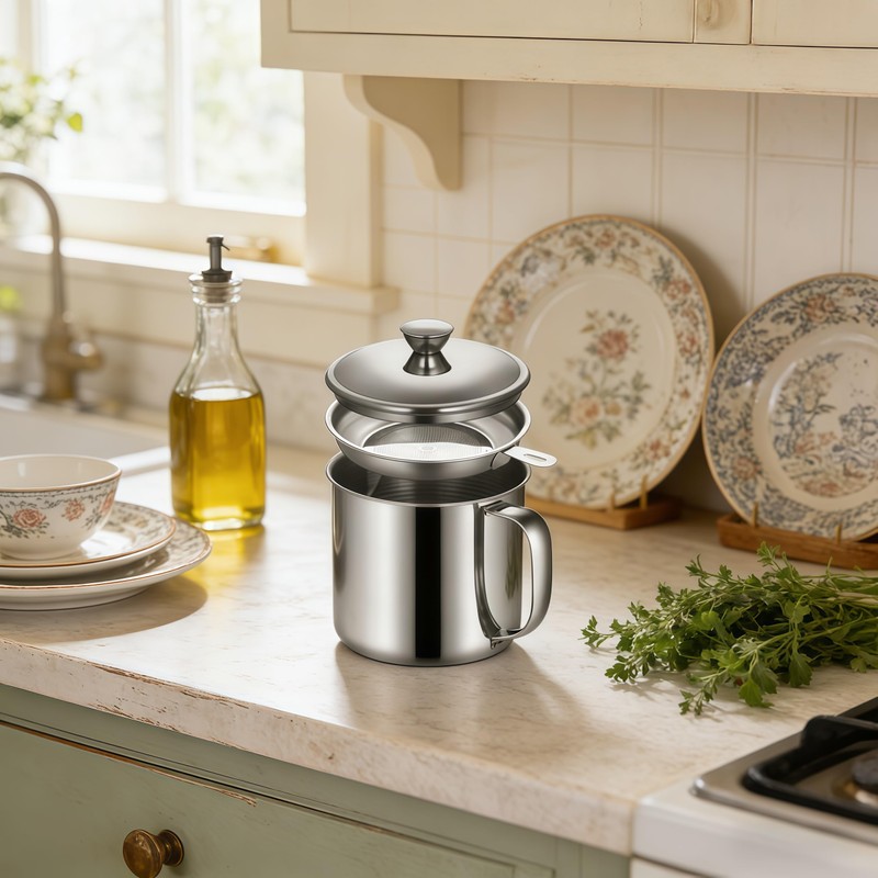Oil Strainer Pot 34oz Stainless Steel, Bacon Grease Container Saver