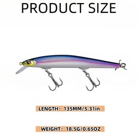 ASYHV 3D Minnow Suspending Shallow Diving Lure – Far Throw Fishing Bait for Freshwater and Saltwater Fishing – Ideal for Mandarin Fish, Bass(135mm) (Blue Purple)