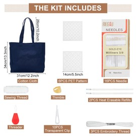 WEBEEDY DIY Tote Bag Sashiko Kit Template Set Embroidery Handbag with Instructions, Blank Canvas Tote Bag with Sashiko Template Supplies for Adult Starter Beginner Christmas Crafts, 34x31x12cm