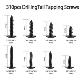 Jttxiu Wood Screws Assortment Set, 310 Pcs Self-Tapping Flat Head Screws, Phillip Head Screws Hardware, Carbon Steel Machine Screws for Furniture, Drywall, Door & Window Work (black)