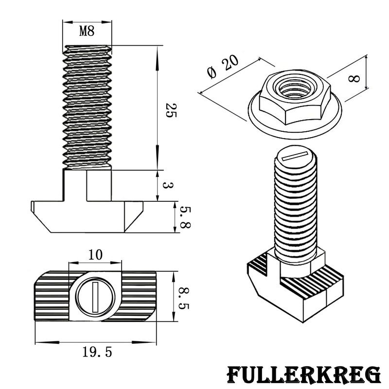 Hammer Screws M8 x 25 for Slot 10 Galvanised Steel
