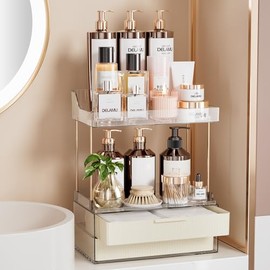 Delamu Organizador de Maquillaje 2 Niveles y 2 Cajones, Blanco Crema | Organizador de Baño para Encimera, Fácil de Instalar, Ideal para Mostrador de B