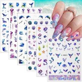 10 Sheets Summer Nail Art Stickers 3D Self-Adhesive Holographic Ocean Nail Decals Dreamy Mermaid Jellyfish Starfish Sea Wave Nail Art Supplies Summer Nail Design for Women Manicure Decoration