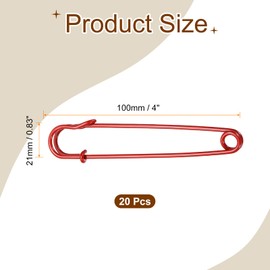 HARFINGTON 20pcs Safety Pins 4 Inch (100mm) Baked Paint Steel Large Safety Pin Heavy Duty Sewing Safety Pins Bulk for Clothes Sewing Arts DIY Crafts, Red
