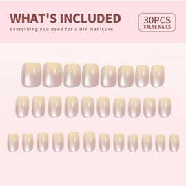 30 Pcs Cats Eye Soft Gel Press on Nails Gradient Luxurious Fake Nails with Glue Short Square Thickened False Nails Designs Glitter Acrylic Nails Full Cover Stick on Nails for Women Art DIY 15 Sizes