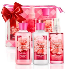 Set De Regalo Navideño De Spa Con Flores De Cerezo Japonesas, Colección Para El Cuidado Del Cuerpo Y El Baño Set De Viaje De 3 Piezas(Gel De Ducha,