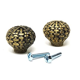 Designware Heavy Pewter Basket Weave Drawer & Cabinet Pull Knob - Round 1-3/8 Inches Wide - Antique Brass Finish (Pack of 2)