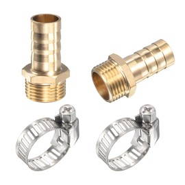 sourcing map Brass Hose Barb Fitting Straight 12mm x G3/8 Male Thread Pipe Connector with Stainless Steel Hose Clamp, Pack of 2