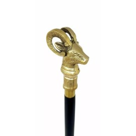 Antique 37"Antique Brass Goat Head Handle Vintage Black 3 Fold Wooden Walking Stick Cane