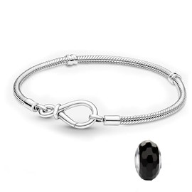 LNQOBU Women's Bracelet 925 Silver Snake Butterfly Bracelet with Sparkling Heart Clasp Charms (with a Spacer Bead), Sterling Silver, Cubic Zirconia