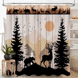 Farmhouse Shower Curtain, Rustic Retro Cabin Forest Deer Bear Pine Tree Silhouette Hunting Camping Old Wooden Country Cottage Waterproof Fabric Bathroom Shower Curtain Set with Hooks, 72"x72" Inch